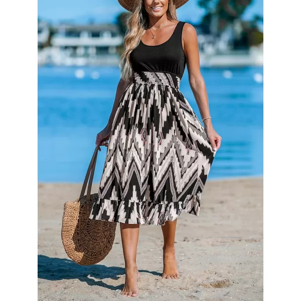 imageCUPSHE Womens Ruffle Beach Dress Smocked Waist Scoop Neck Sleeveless Geo Patterned Midi Summer DressesBlack