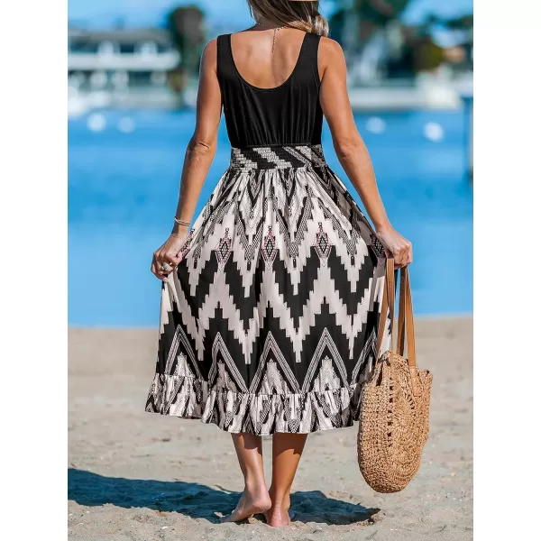 imageCUPSHE Womens Ruffle Beach Dress Smocked Waist Scoop Neck Sleeveless Geo Patterned Midi Summer DressesBlack