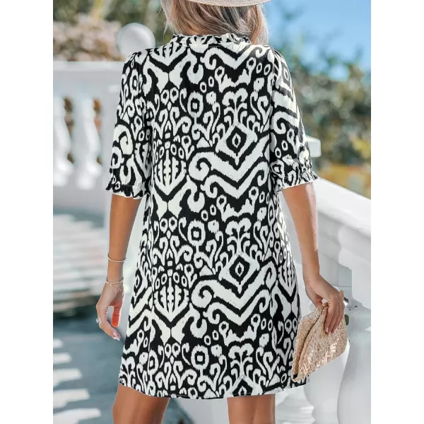 imageCUPSHE Womens Ruffle Beach Dress Split V Neck with Tassel Tie Elastic Half Sleeve Mini Summer DressesBlack