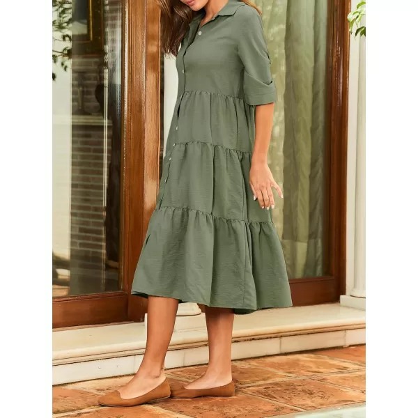 imageCUPSHE Womens Ruffle Maxi Dress Collared Neck Half Sleeve Front Button Flounce Casual Summer DressesOlive