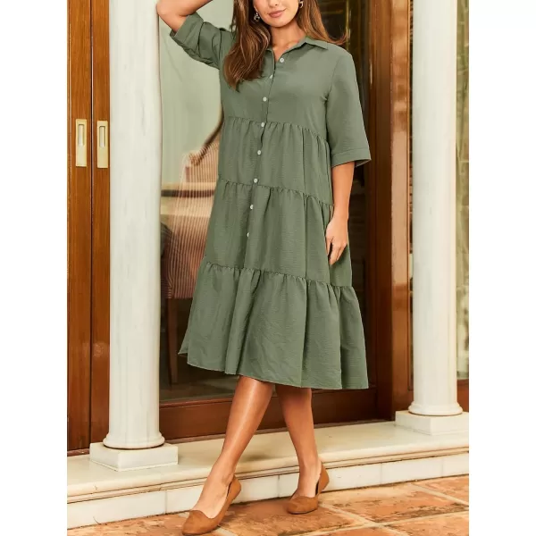 imageCUPSHE Womens Ruffle Maxi Dress Collared Neck Half Sleeve Front Button Flounce Casual Summer DressesOlive