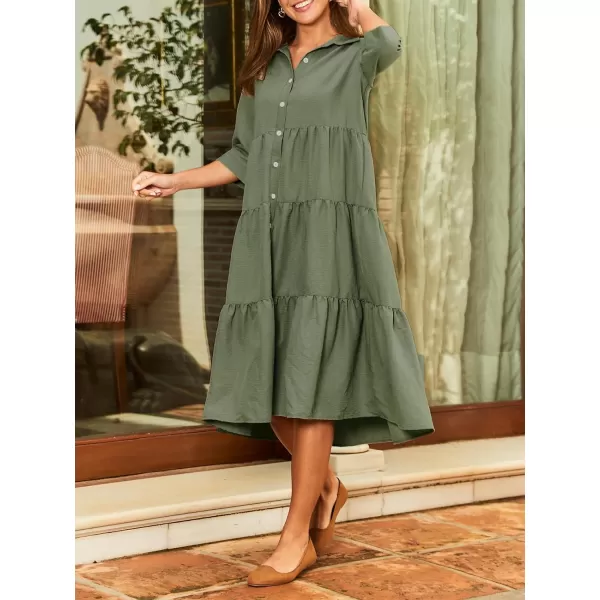 imageCUPSHE Womens Ruffle Maxi Dress Collared Neck Half Sleeve Front Button Flounce Casual Summer DressesOlive