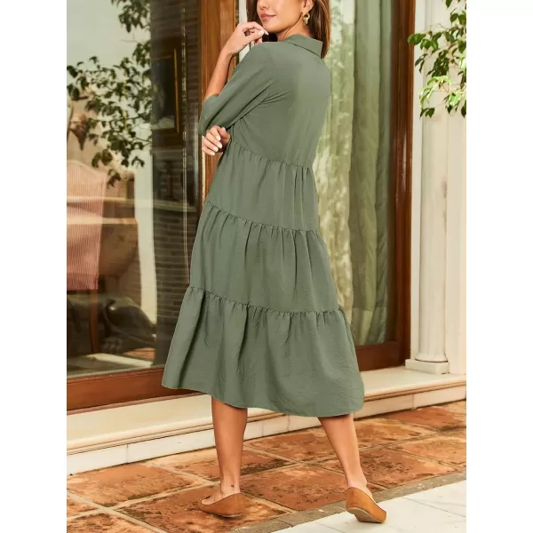 imageCUPSHE Womens Ruffle Maxi Dress Collared Neck Half Sleeve Front Button Flounce Casual Summer DressesOlive
