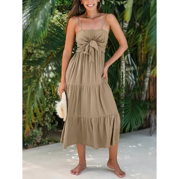 imageCUPSHE Womens Ruffle Midi Dress Bust Tie Smocked Back Adjustable Spaghetti Straps Flounce Hem Summer DressesNeutral