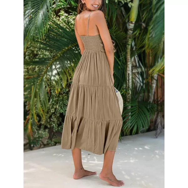 imageCUPSHE Womens Ruffle Midi Dress Bust Tie Smocked Back Adjustable Spaghetti Straps Flounce Hem Summer DressesNeutral