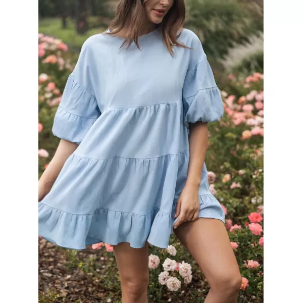 imageCUPSHE Womens Ruffle Puff Sleeve Mini Beach Dress Round Neck Casual Summer DressesLight Blue