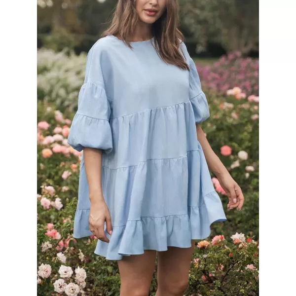 imageCUPSHE Womens Ruffle Puff Sleeve Mini Beach Dress Round Neck Casual Summer DressesLight Blue