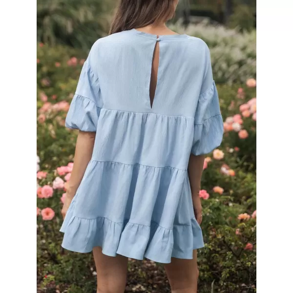 imageCUPSHE Womens Ruffle Puff Sleeve Mini Beach Dress Round Neck Casual Summer DressesLight Blue