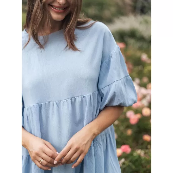imageCUPSHE Womens Ruffle Puff Sleeve Mini Beach Dress Round Neck Casual Summer DressesLight Blue
