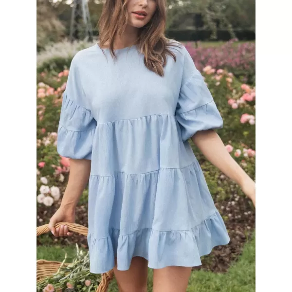 imageCUPSHE Womens Ruffle Puff Sleeve Mini Beach Dress Round Neck Casual Summer DressesLight Blue