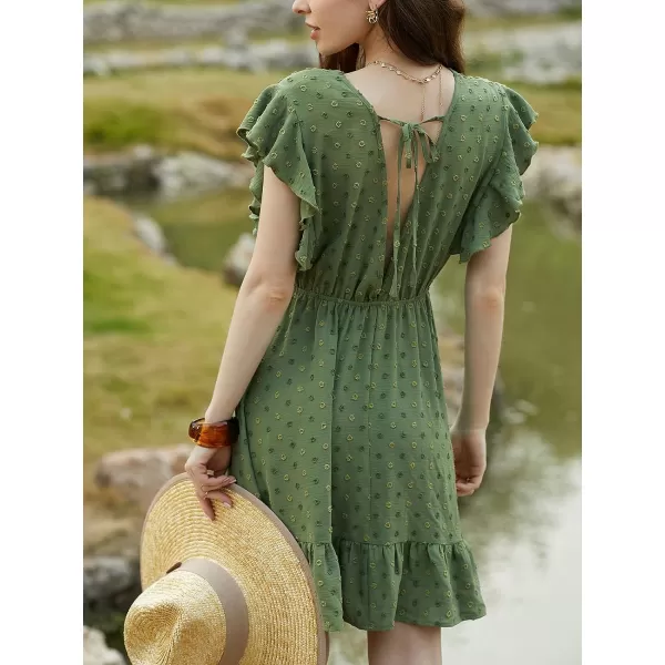 imageCUPSHE Womens Ruffle V Neck Dress Cinched Waist Tie Back Short Flutter Sleeve Flounce Hem Mini DressesGreen