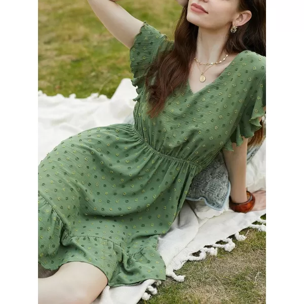 imageCUPSHE Womens Ruffle V Neck Dress Cinched Waist Tie Back Short Flutter Sleeve Flounce Hem Mini DressesGreen