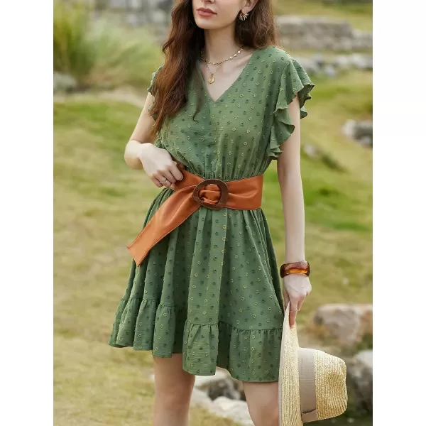 imageCUPSHE Womens Ruffle V Neck Dress Cinched Waist Tie Back Short Flutter Sleeve Flounce Hem Mini DressesGreen
