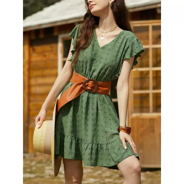 imageCUPSHE Womens Ruffle V Neck Dress Cinched Waist Tie Back Short Flutter Sleeve Flounce Hem Mini DressesGreen