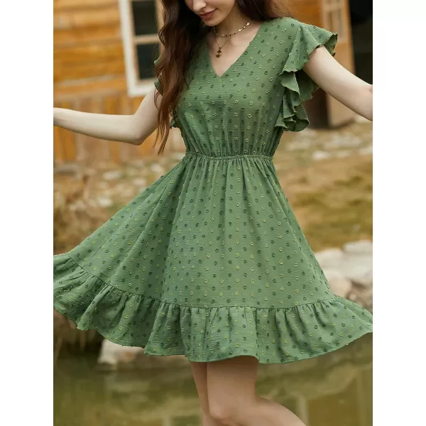 imageCUPSHE Womens Ruffle V Neck Dress Cinched Waist Tie Back Short Flutter Sleeve Flounce Hem Mini DressesGreen