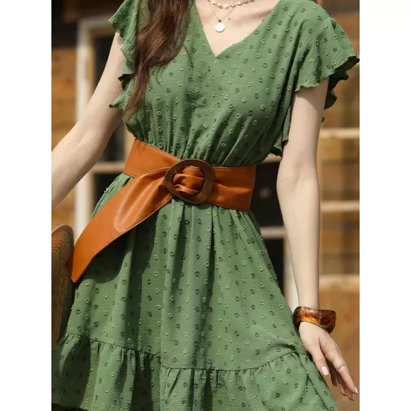 imageCUPSHE Womens Ruffle V Neck Dress Cinched Waist Tie Back Short Flutter Sleeve Flounce Hem Mini DressesGreen