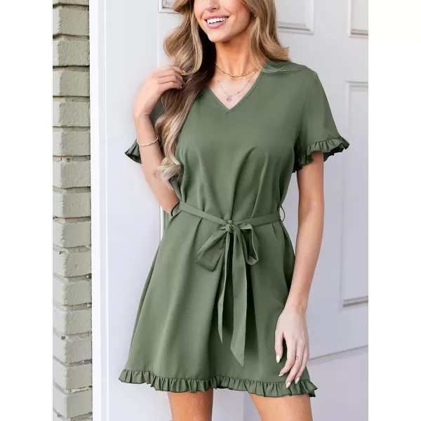 imageCUPSHE Womens Ruffle V Neck Dress Tie Waist Short Sleeve Mini Casual Summer DressesGreen