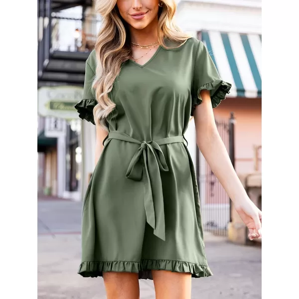imageCUPSHE Womens Ruffle V Neck Dress Tie Waist Short Sleeve Mini Casual Summer DressesGreen