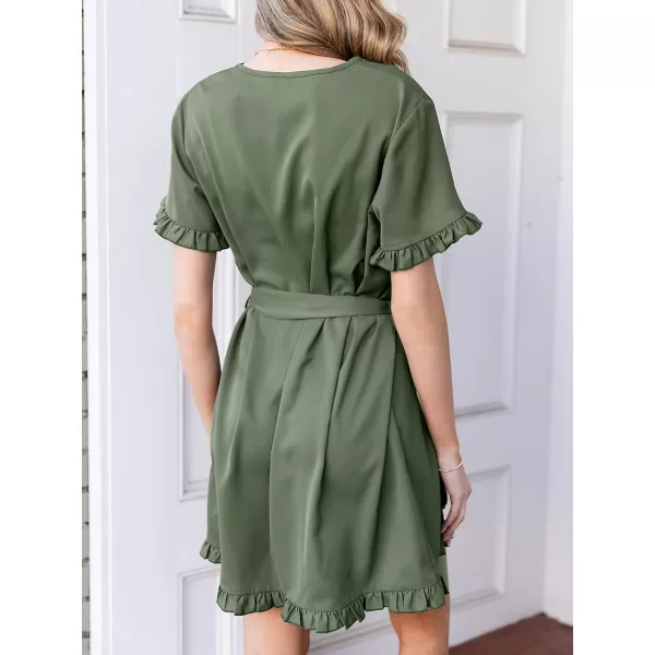 imageCUPSHE Womens Ruffle V Neck Dress Tie Waist Short Sleeve Mini Casual Summer DressesGreen