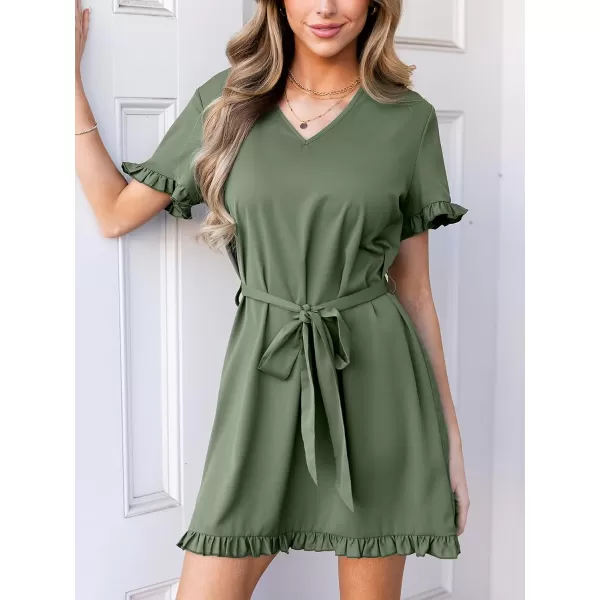 imageCUPSHE Womens Ruffle V Neck Dress Tie Waist Short Sleeve Mini Casual Summer DressesGreen