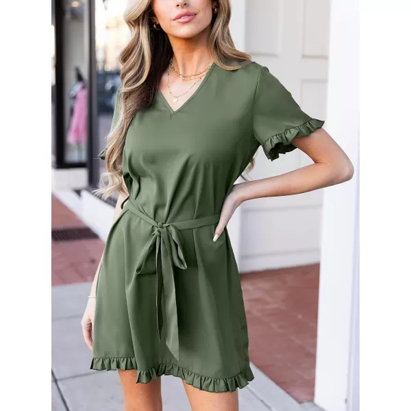 imageCUPSHE Womens Ruffle V Neck Dress Tie Waist Short Sleeve Mini Casual Summer DressesGreen