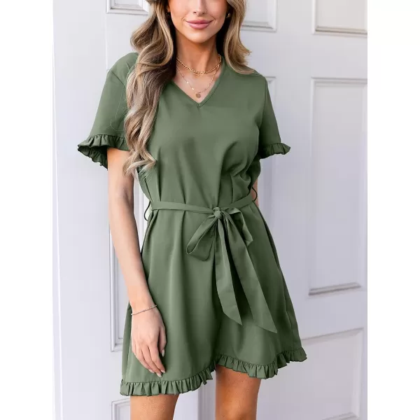 imageCUPSHE Womens Ruffle V Neck Dress Tie Waist Short Sleeve Mini Casual Summer DressesGreen