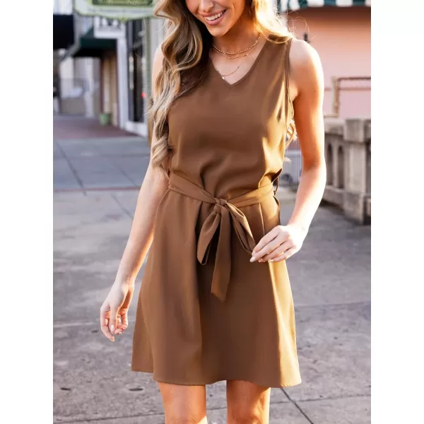 imageCUPSHE Womens Ruffle V Neck Dress Tie Waist Sleeveless Mini Casual Summer DressesBrown