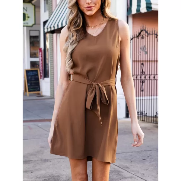 imageCUPSHE Womens Ruffle V Neck Dress Tie Waist Sleeveless Mini Casual Summer DressesBrown