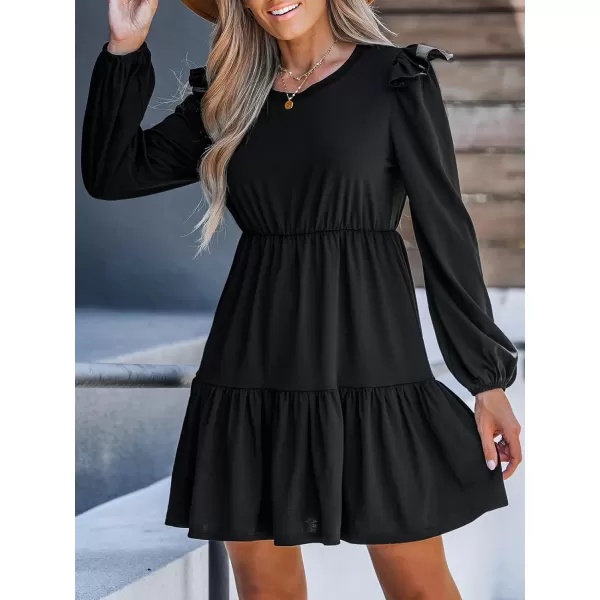 imageCUPSHE Womens Ruffled Mini Dress Long Sleeve Dresses Round Neck Dressing CasualBlack