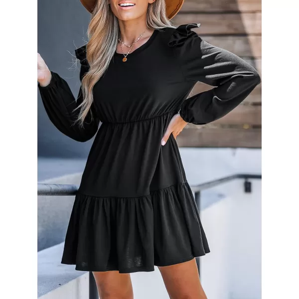 imageCUPSHE Womens Ruffled Mini Dress Long Sleeve Dresses Round Neck Dressing CasualBlack