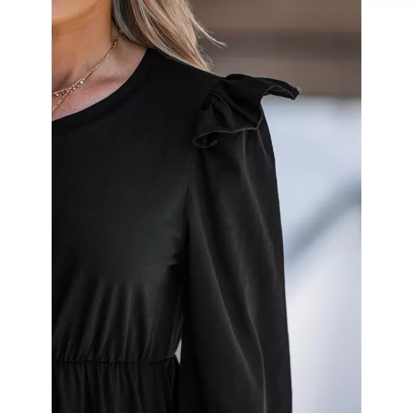 imageCUPSHE Womens Ruffled Mini Dress Long Sleeve Dresses Round Neck Dressing CasualBlack