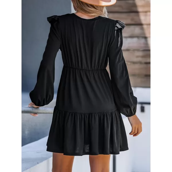 imageCUPSHE Womens Ruffled Mini Dress Long Sleeve Dresses Round Neck Dressing CasualBlack
