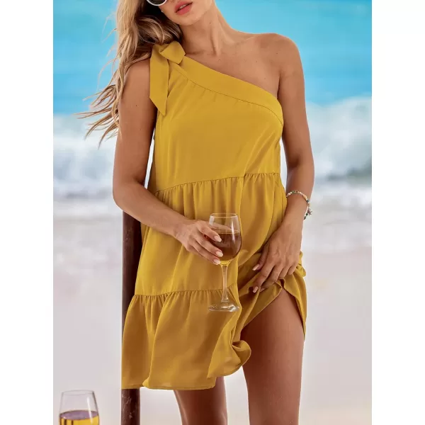 imageCUPSHE Womens Ruffled Mini Dress Self Tie One Shoulder Sleeveless Tiered A Line Flowy Summer Casual DressesYellow