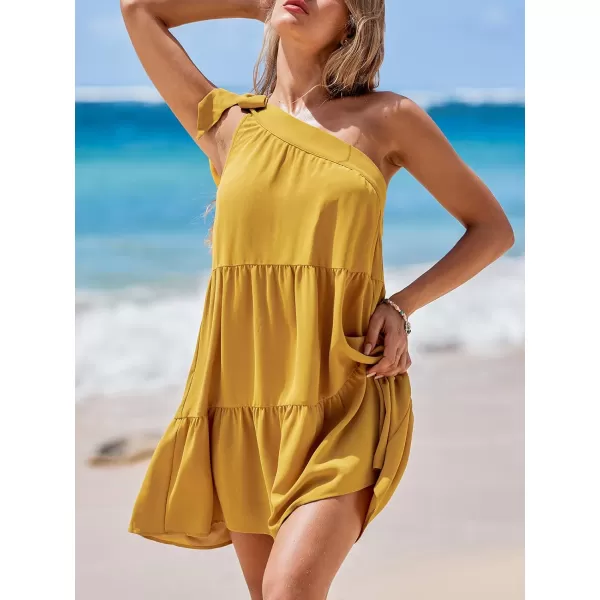 imageCUPSHE Womens Ruffled Mini Dress Self Tie One Shoulder Sleeveless Tiered A Line Flowy Summer Casual DressesYellow