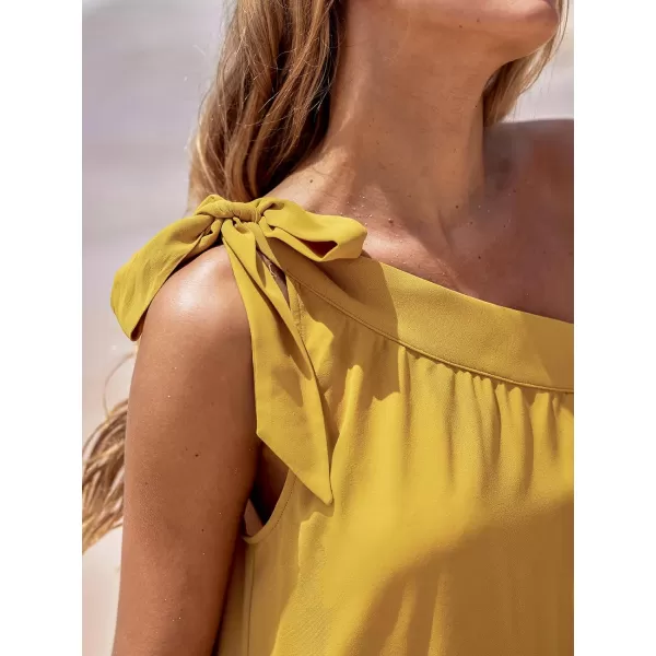 imageCUPSHE Womens Ruffled Mini Dress Self Tie One Shoulder Sleeveless Tiered A Line Flowy Summer Casual DressesYellow