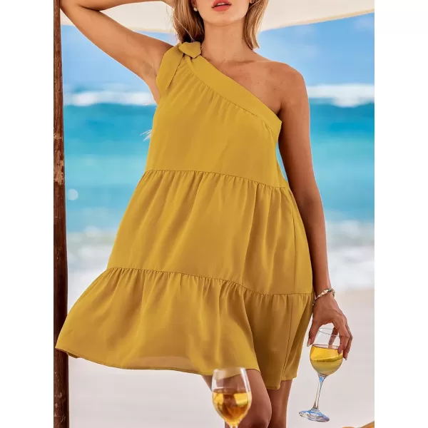 imageCUPSHE Womens Ruffled Mini Dress Self Tie One Shoulder Sleeveless Tiered A Line Flowy Summer Casual DressesYellow