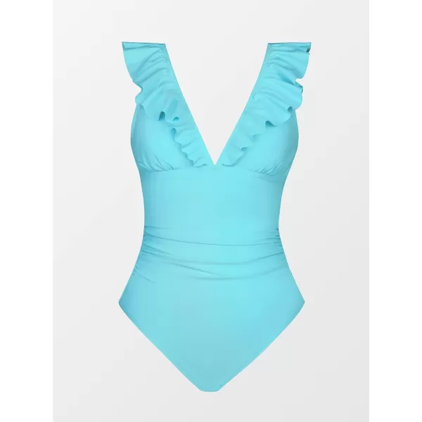 imageCUPSHE Womens Ruffled One Piece Swimsuit V Neck Lace UpAqua