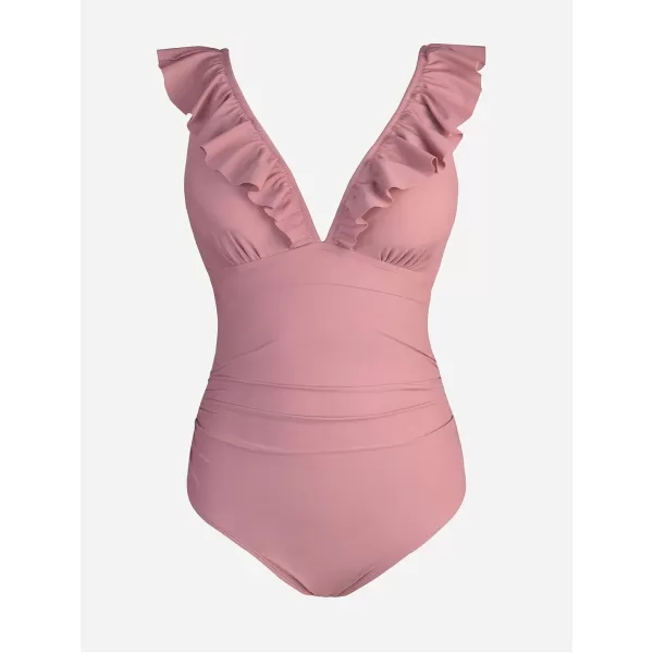 imageCUPSHE Womens Ruffled One Piece Swimsuit V Neck Lace UpBean Pink
