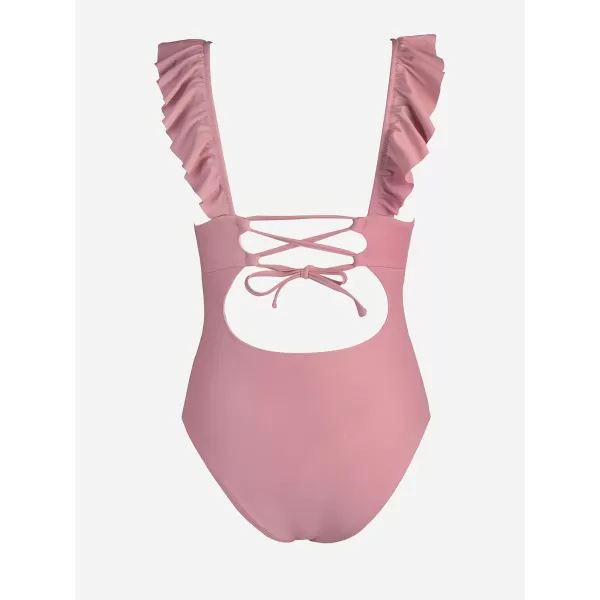imageCUPSHE Womens Ruffled One Piece Swimsuit V Neck Lace UpBean Pink