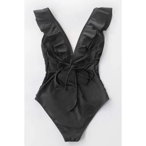 imageCUPSHE Womens Ruffled One Piece Swimsuit V Neck Lace UpBlack