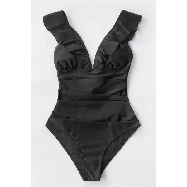 imageCUPSHE Womens Ruffled One Piece Swimsuit V Neck Lace UpBlack