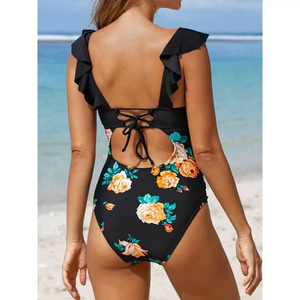 imageCUPSHE Womens Ruffled One Piece Swimsuit V Neck Lace UpBlack Floral