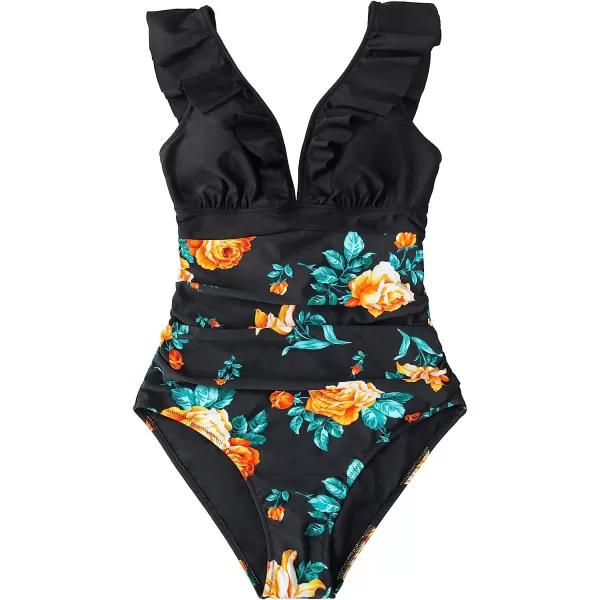 imageCUPSHE Womens Ruffled One Piece Swimsuit V Neck Lace UpBlack Floral