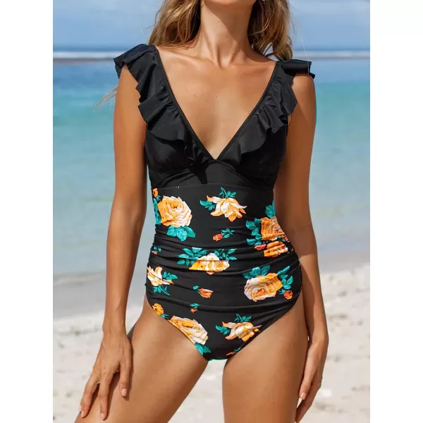 imageCUPSHE Womens Ruffled One Piece Swimsuit V Neck Lace UpBlack Floral