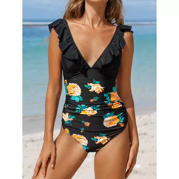 imageCUPSHE Womens Ruffled One Piece Swimsuit V Neck Lace UpBlack Floral