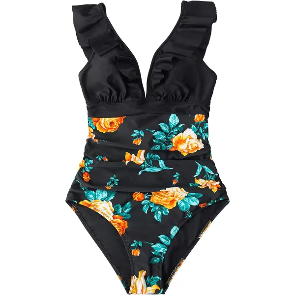 imageCUPSHE Womens Ruffled One Piece Swimsuit V Neck Lace UpBlack Floral