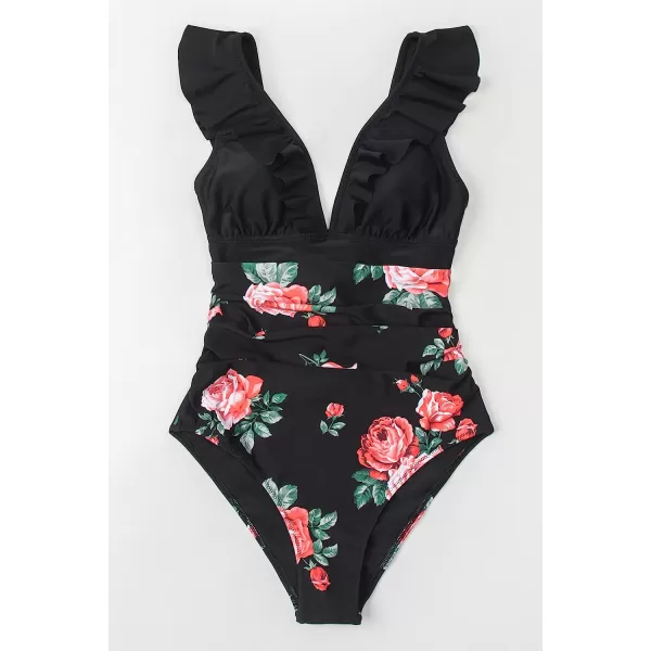 imageCUPSHE Womens Ruffled One Piece Swimsuit V Neck Lace UpBlackRed Floral