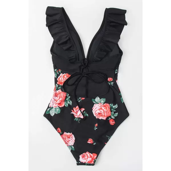 imageCUPSHE Womens Ruffled One Piece Swimsuit V Neck Lace UpBlackRed Floral