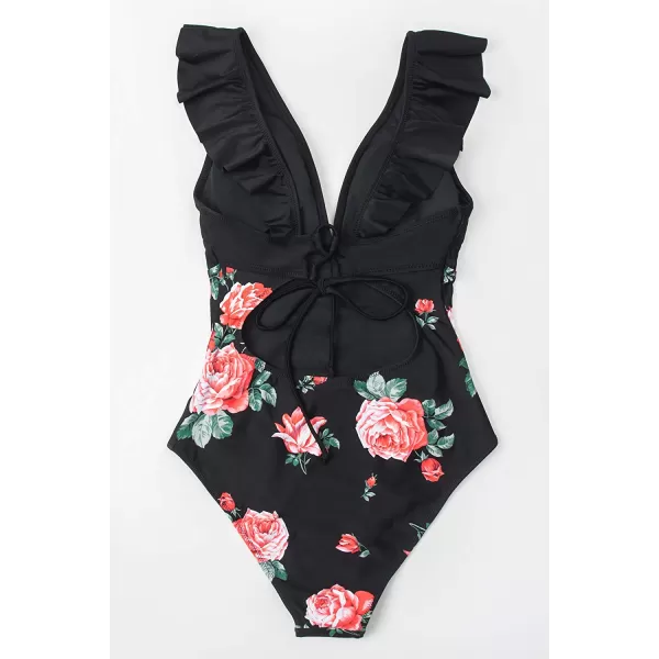 imageCUPSHE Womens Ruffled One Piece Swimsuit V Neck Lace UpBlackRed Floral