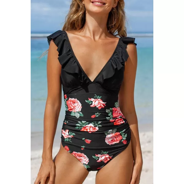 imageCUPSHE Womens Ruffled One Piece Swimsuit V Neck Lace UpBlackRed Floral